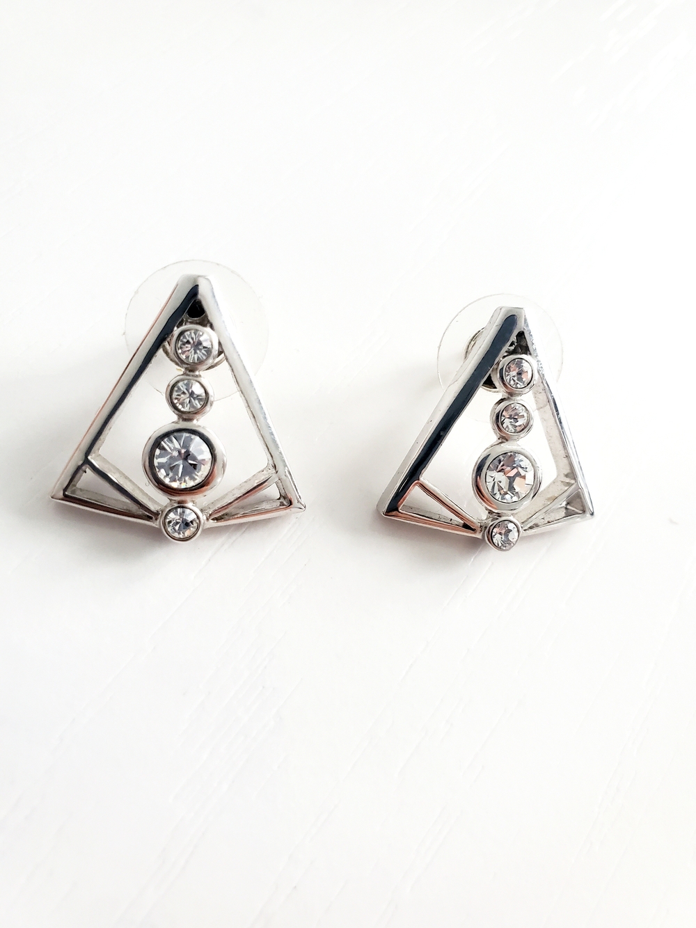 Silver Triangle Crystal Stud Earrings - Geometric Sparkle